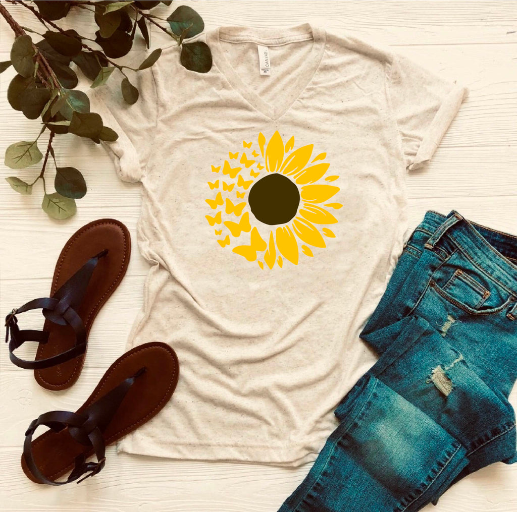 Butterfly Sunflower Shirt | Unisex Triblend V Neck freeshipping - BirchBearCo